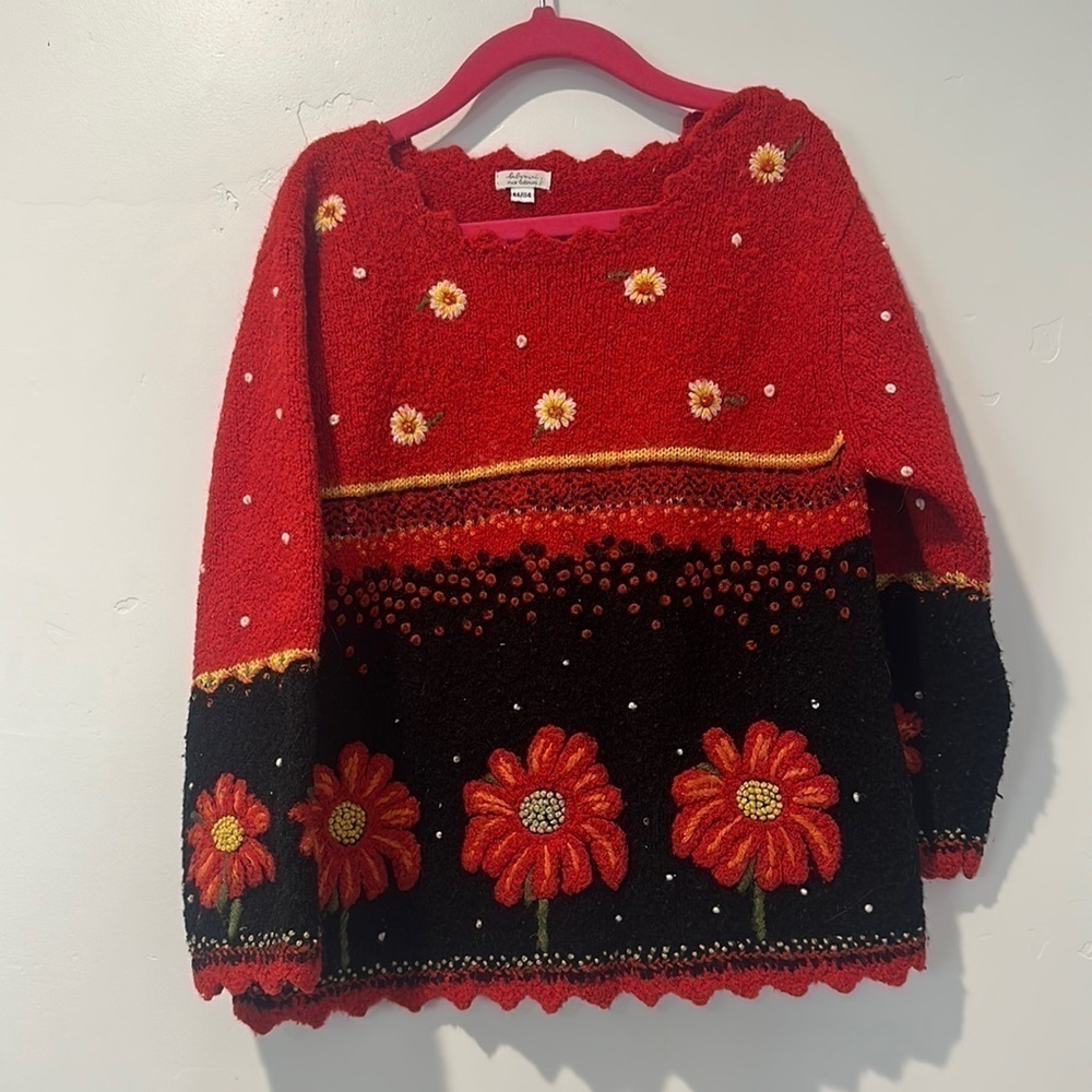 Catimini red wool blend floral knit sweater 6A